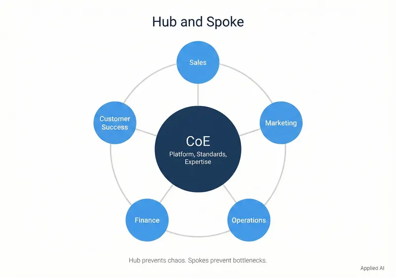 Hub and Spoke: Central CoE (Platform, Standards, Expertise) connected to 5 business functions (Sales