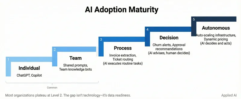 AI Adoption Maturity: Five levels from Individual to Autonomous, showing the progression from ad-hoc